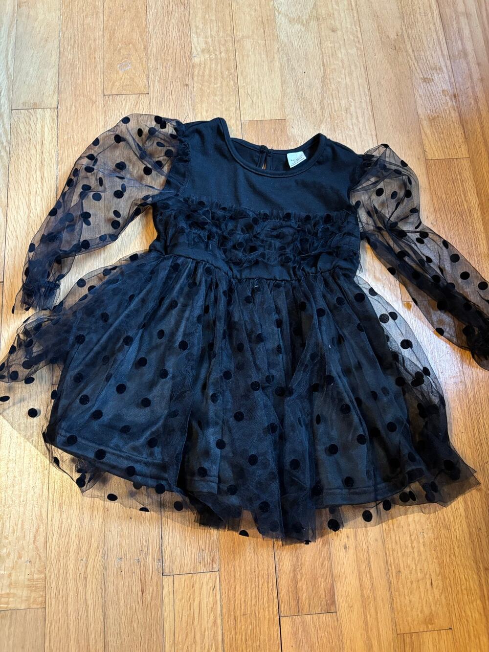 SHEIN Girls' Black Tulle Polka-Dot Dress - 12-18M, Ruffled Sleeves